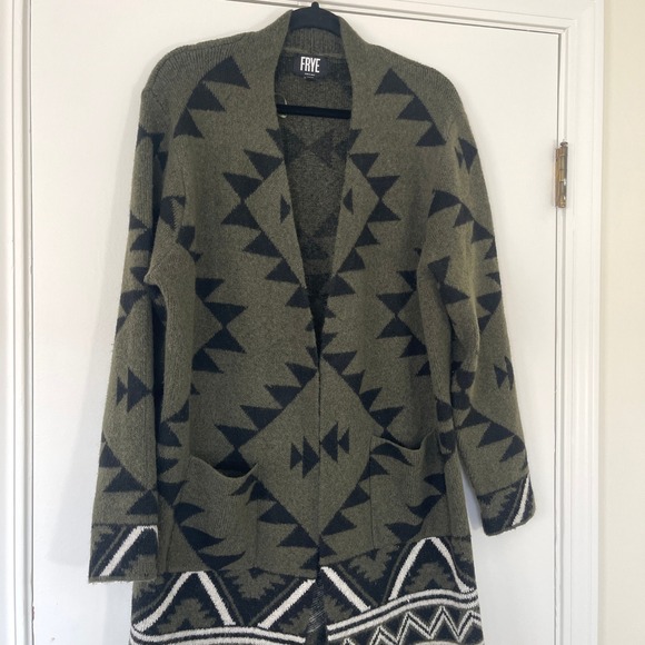 FRYE Geometric Aztec Print Open Front Long Sleeve Cardigan Olive Size XL - Picture 4 of 9